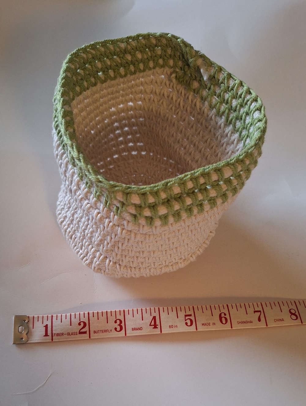 Handmade White and Light Green Crochet Storage Basket - 4 Inch